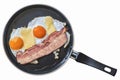 Fried Eggs With Belly Bacon Rasher In Teflon Frying Pan Isolated On White Background
