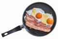 Fried Eggs With Belly Bacon Rasher In Teflon Frying Pan Isolated On White Background Royalty Free Stock Photo