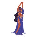 Belly dancer in traditional costume, dress with golden jewelry perform. Performer dancing oriental, turkish, egyptian