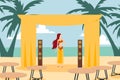 Belly dancer woman cartoon character on beach, girl performing in summer outdoor cafe, vector illustration