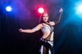 Belly dancer. Young attractive woman dancing tribal fusion on the stage. Oriental exotic dance. Royalty Free Stock Photo