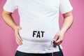 Belly fat, glutton. Fat man with measure tape Royalty Free Stock Photo