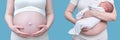 Belly pregnant woman before giving birth and after with a baby boy. Collage before and after pregnancy, childbirth on a studio Royalty Free Stock Photo