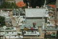 Cemetery with stone walls encircling tombs and crypts