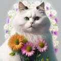 Belo gato branco, lindo, olhos azuis com flores!