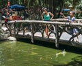 Afro Brazilian young girl feeds the tropical fish on the pond at