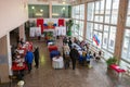 Hall for voting in the Russian outback,is decorated with colors of Russian flag. Royalty Free Stock Photo