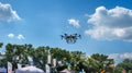 Belogorye, Khmelnytsky region, UKRAINE - August 19, 2021: drone fertilizer sprayer at the demonstration of agricultural machinery