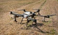 Belogorye, Khmelnytsky region, UKRAINE - August 19, 2021: drone fertilizer sprayer at the demonstration of agricultural machinery