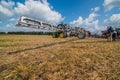 Belogorye, Khmelnytsky region, UKRAINE - August 19, 2021: sprayer boom trailed sprayer fertilizer on at the demonstration of