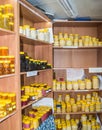 BELOKURIKHA, Altai, Russia-JULY 15, 2019: natural honey in various jars on display in the store