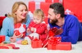 They belong together. father, mother and doughter child. Shopping online. Boxing day. Valentines day. Happy family with Royalty Free Stock Photo