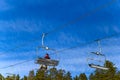 BELORETSK,RUSSIA, 13 APRIL 2019 - man skier goes on the ski lift against blue sky , closing the ski season in the Ural mountains Royalty Free Stock Photo