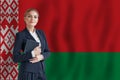 Belorusian businesswoman on the flag of Belorus digital nomad, business, startup concept