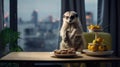 A beloved pet meerkat shares a cheerful life in a contemporary flat. food, feeding