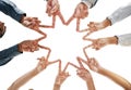 Below business team, star hands and peace for motivation, success or goals in corporate teamwork. Group, support and