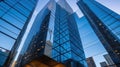 From below of entrance of office building next to contemporary high rise structures with glass mirrored walls and illuminated Royalty Free Stock Photo