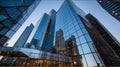 From below of entrance of office building next to contemporary high rise structures with glass mirrored walls and illuminated Royalty Free Stock Photo