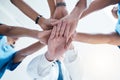 Below, group and hands stack for medical, staff and teamwork in hospital for motivation. Team, doctor and nurse with Royalty Free Stock Photo