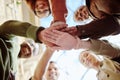 Below, hands stack and group of students for motivation, support or education in summer sunshine. Diversity, hand