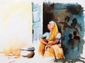 Below poverty line woman watercolour, waiting for food