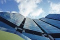 From below the skyscraper hotel buildings, against a backdrop of blue sky and white clouds Royalty Free Stock Photo