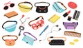 Belt bags and girl accessories. Handbag purse fashion models, isolated lipstick, money and keys. Trendy style notebook