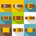 Belt buckle icons set, flat style