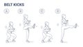 Belt Kicks Home Workout Exercise Guide. Young Athletic Female Doing Squats and Kicks Switching Legs. Royalty Free Stock Photo