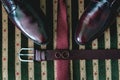 Belt, necktie and shoes on a vintage sofa