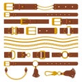 Belts and chains elements. Leather brown belts, gold ring straps, chains and metal buckles. Haberdashery leather