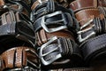 Belts of leather for sale in the italian store Royalty Free Stock Photo