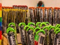 BEMIDJI, MN - 30 DEC 2020: Colorful downhill skis in the rental shop