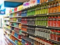 BEMIDJI, MN - 8 FEB 2019: Rows of bottled beverages stacked on shelves