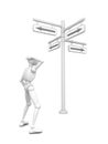 Bemused 3d man person with road signs arrows Royalty Free Stock Photo