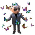 Bemused 3d vampire dracula character surrounded by butterflies, 3d illustration