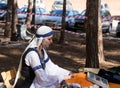 The reconstruction participant of the `Viking Village` sells decorative ornaments in the camp in the forest near Ben Shemen in Isr