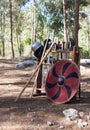 Stand in cold steel in camp of `Viking Village` in the forest near Ben Shemen in Israel