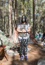 A visitor of the reconstruction `Viking Village` posing in a viking armor in the forest near Ben Shemen in Israel