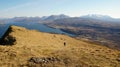 Ben Tianavaig mountain hike in the Scottish Highlands on a sunny afternoon on the Isle of Skye, United Kingdom.