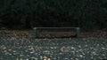 Bench abandoned in forest during autumn with foliage and dark mood Royalty Free Stock Photo