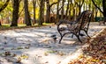 Bench in the autumn Park. Yellow maple leaves in the old city Park. Yellow leaf on the bench. Autumn yellow trees Royalty Free Stock Photo