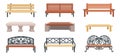 Bench. Cartoon wooden outdoor chair. Street and park municipal furniture. Wicker garden seat and stone couch. Urban