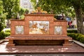 Bench in the center of Badajoz with ceramic decoration on the story of the conquest of Mexico in Americana Royalty Free Stock Photo