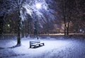 Bench, christmastree and lantern Royalty Free Stock Photo