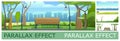 Bench in city park against background of city on horizon. Solid layers for parallax folding. Vector