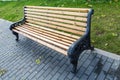 Bench in the city Park. Autumn day. Grass and fallen leaves. Road tiles Royalty Free Stock Photo