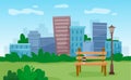 Bench in city park with skyscrapers background. Flat style illustration.