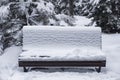 Bench covered with snow after snowfall in park on trees background. Winter forest tree landscape. Royalty Free Stock Photo