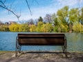 Bench at the edge of a lake in a park Royalty Free Stock Photo